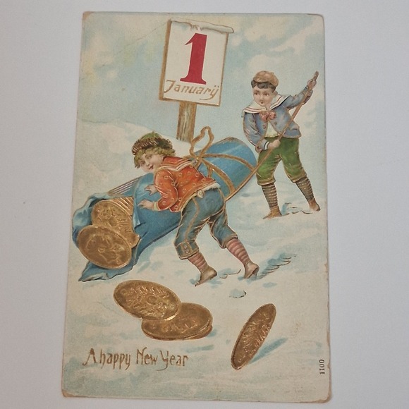 Antique 1 January New Year Postcard Germany Kids Sled Gold Embossed Gilt - Picture 1 of 8